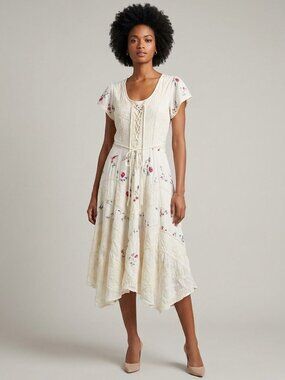 Sakkas Womens 1X 2X Ivory Floral Embroidered Boho Maxi Dress Rayon India